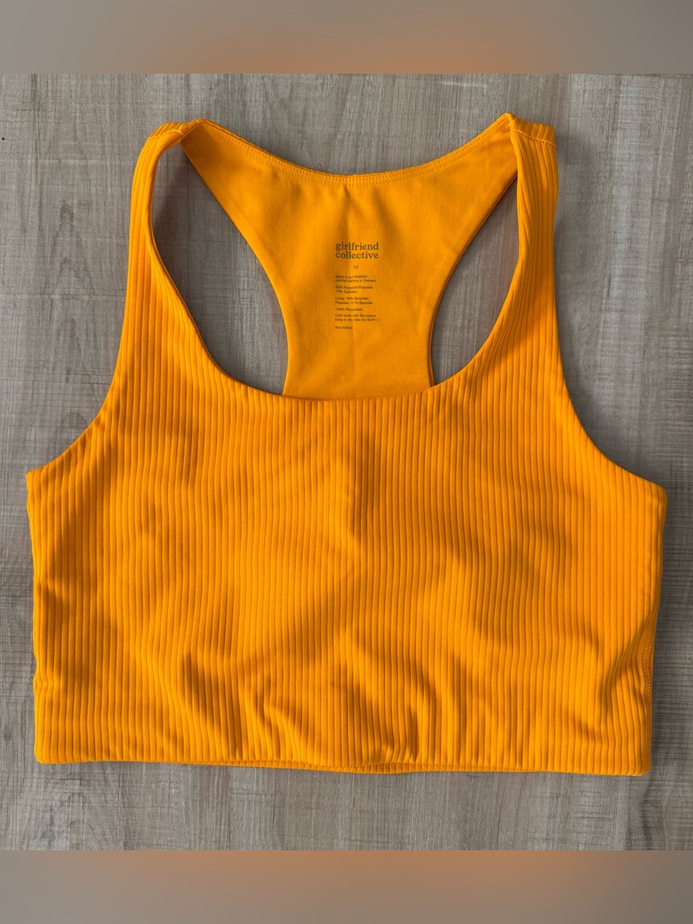 girlfriend collective Ribbed Racerback Bra in Bright Yellow, Size M